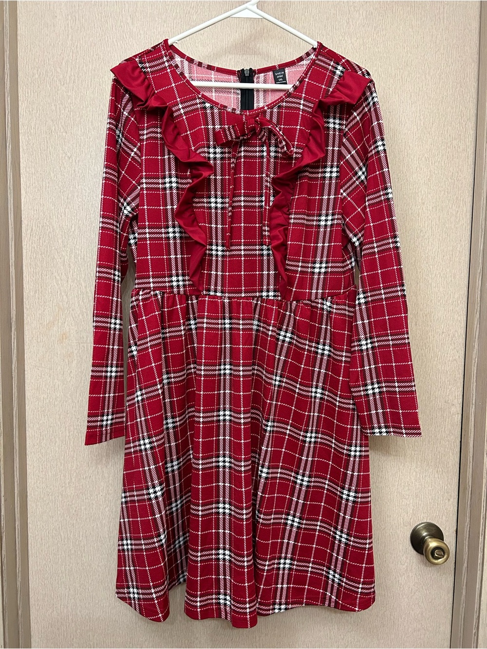 Shein - Christmas Holiday Plaid Ruffle Dress with Bow - Size 1XL